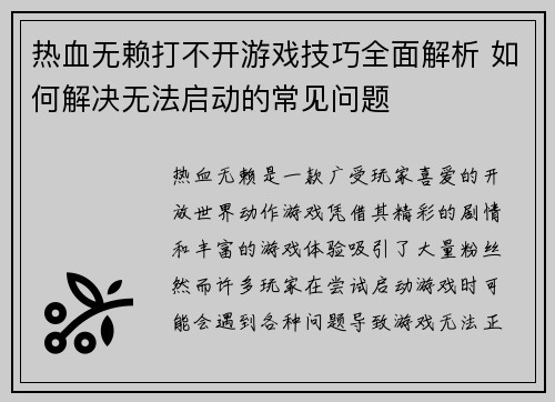 热血无赖打不开游戏技巧全面解析 如何解决无法启动的常见问题